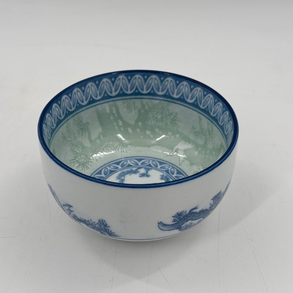 Vintage Korean Porcelain Rice Bowl Blue Green Crane Pine Tree Korea - Picture 1 of 8